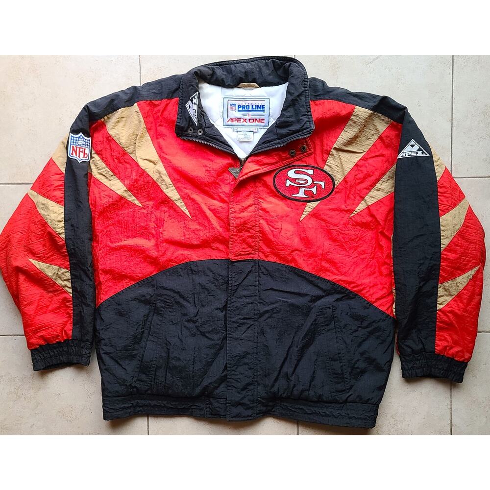 San Francisco 49ers 90s APEX puffer SHARK Tooth jacket XL red black NFL Pro vtg - Picture 2 of 8